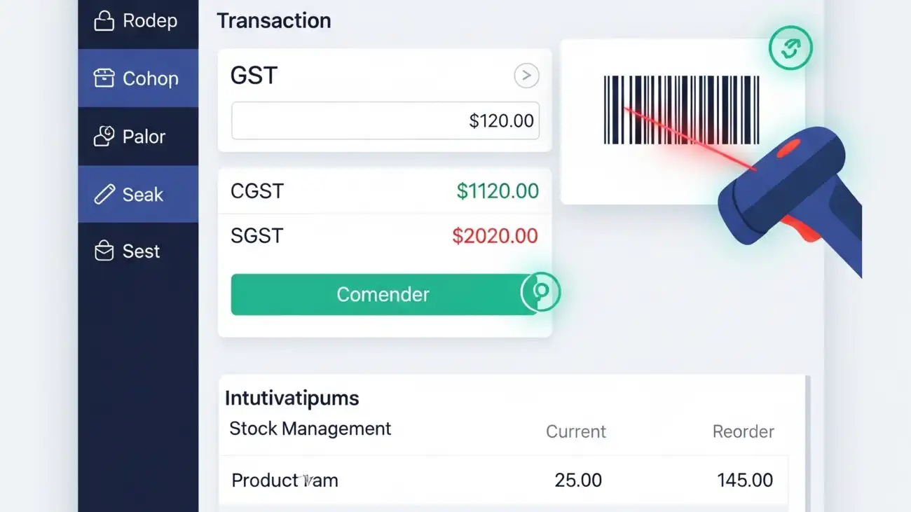 A retail shop owner using a free billing software on a computer, highlighting the key features for GST invoicing, barcode scanning, and stock management.