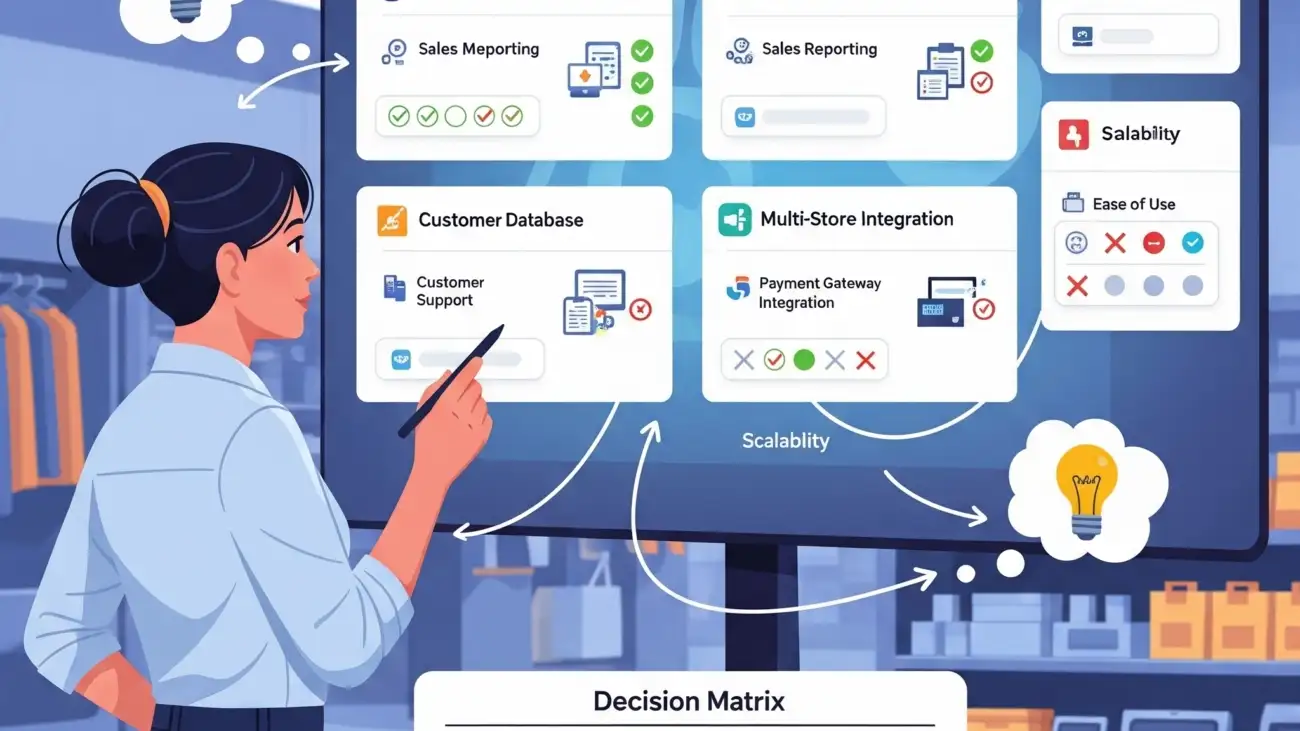 A retail shop owner using a free billing software on a laptop, highlighting the process of selecting the best solution for their business.