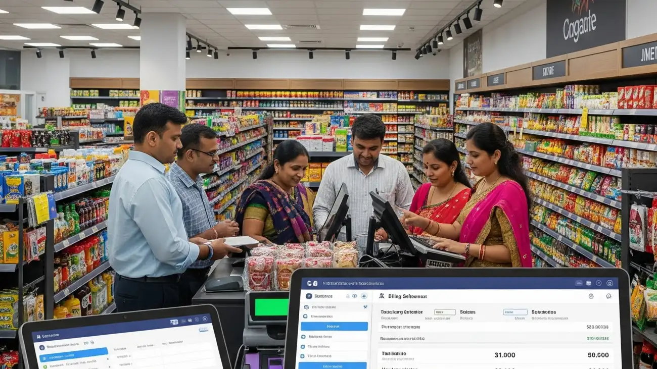 A supermarket cashier using a modern billing software system, highlighting its role in ensuring fast checkouts, accurate inventory, and GST compliance.