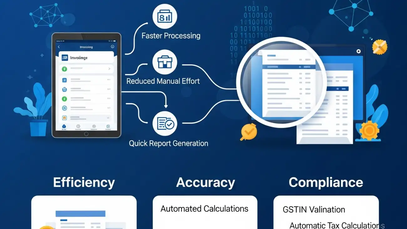 A business owner using a digital bill book on a tablet, showcasing the essential features for GST-ready invoicing and compliance.