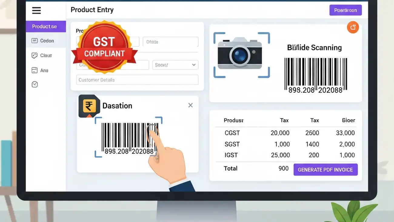 A business owner using free billing software on a desktop computer, highlighting the features for GST invoicing, barcode support, and PDF invoice generation.