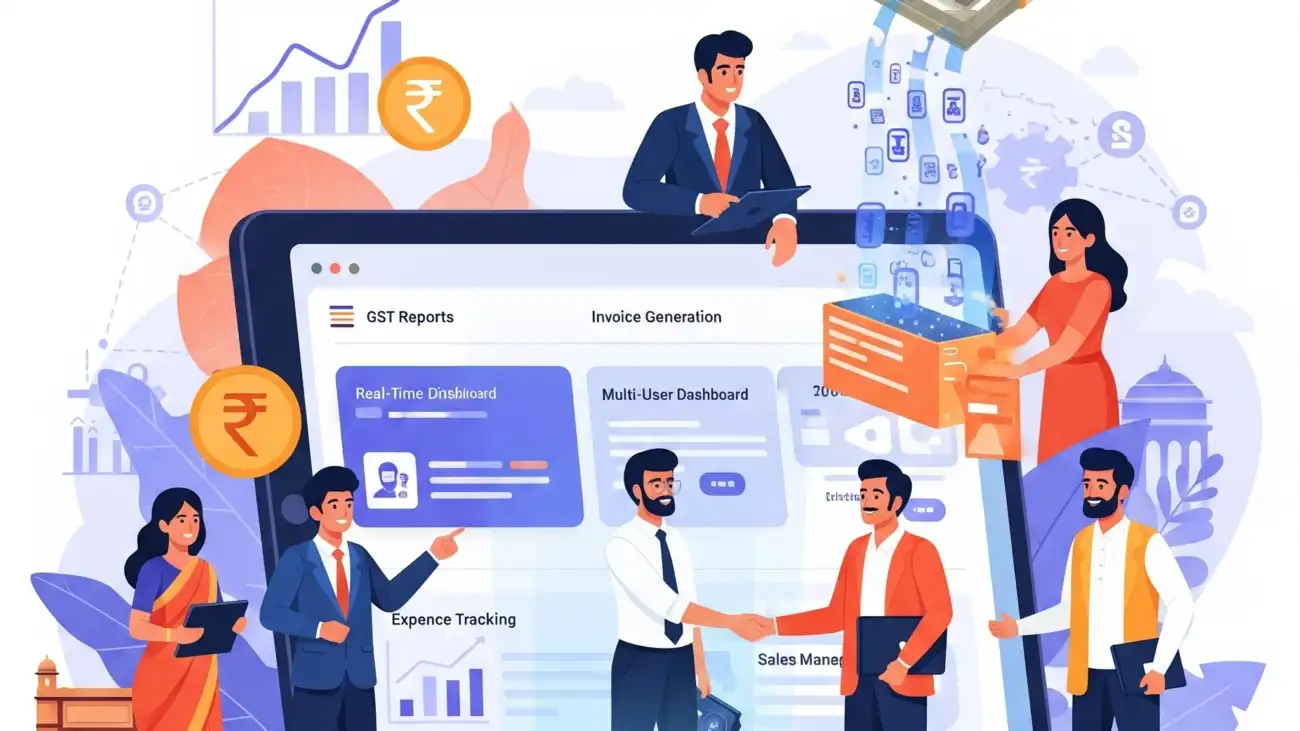 A business owner using a GST billing software dashboard, highlighting the process of selecting the right solution for their business to ensure compliance and efficiency.