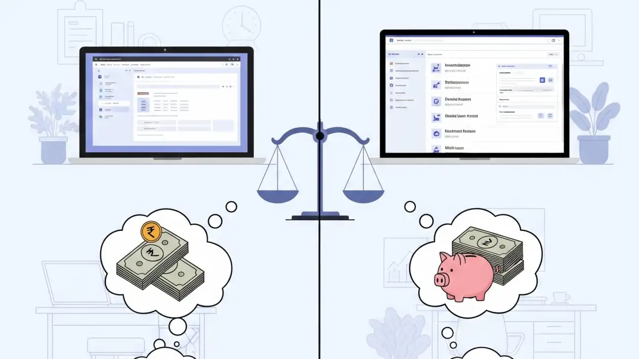 A startup owner comparing a free and a paid billing software solution on a screen, highlighting the decision-making process for managing GST compliance and finances.