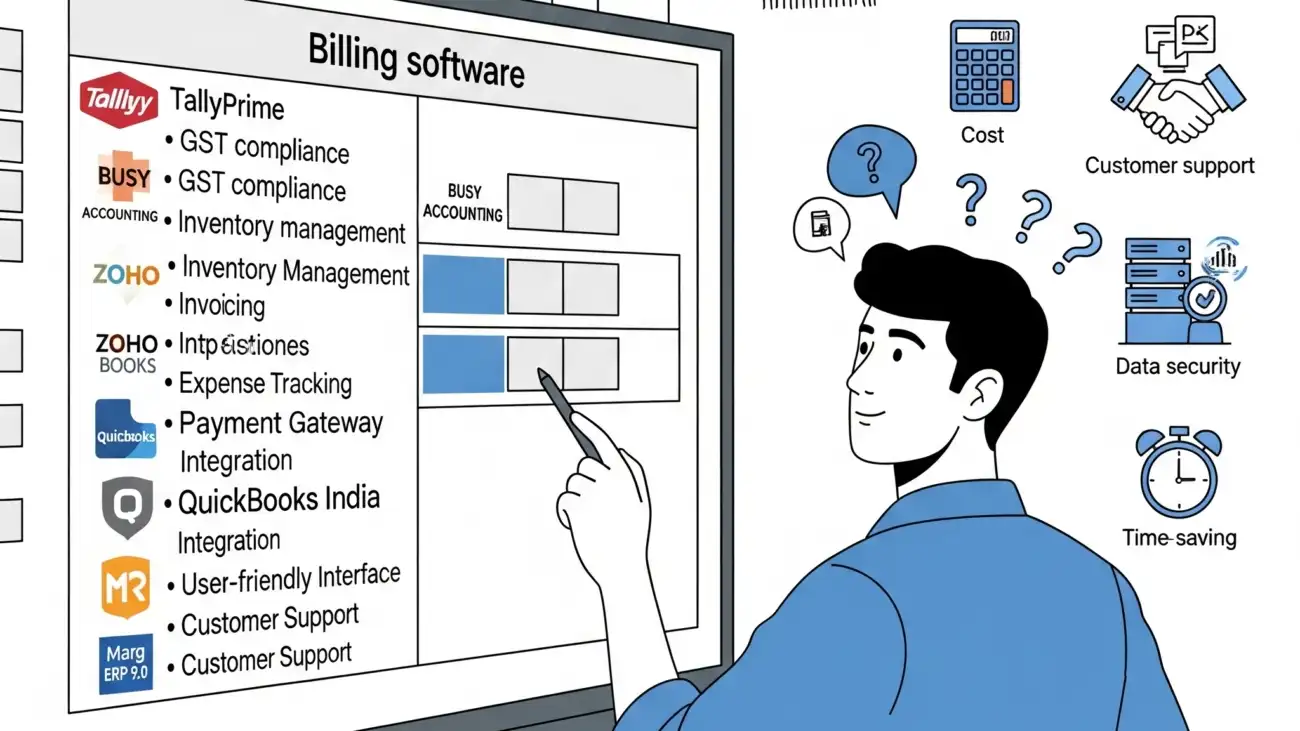 A small business owner using a billing software dashboard on a laptop, highlighting the process of selecting the right solution for their business.