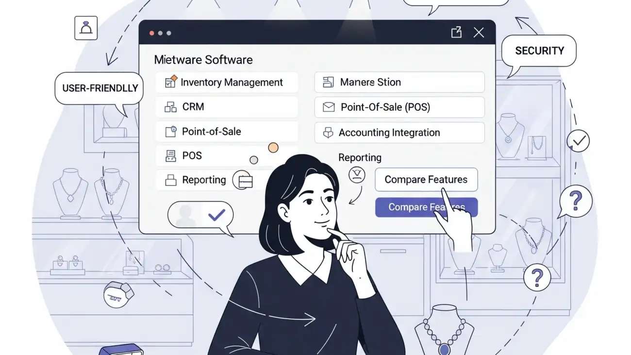 A jewellery shop owner using specialized billing software on a screen, showcasing the solution's ability to handle the complexities of jewellery billing and inventory.